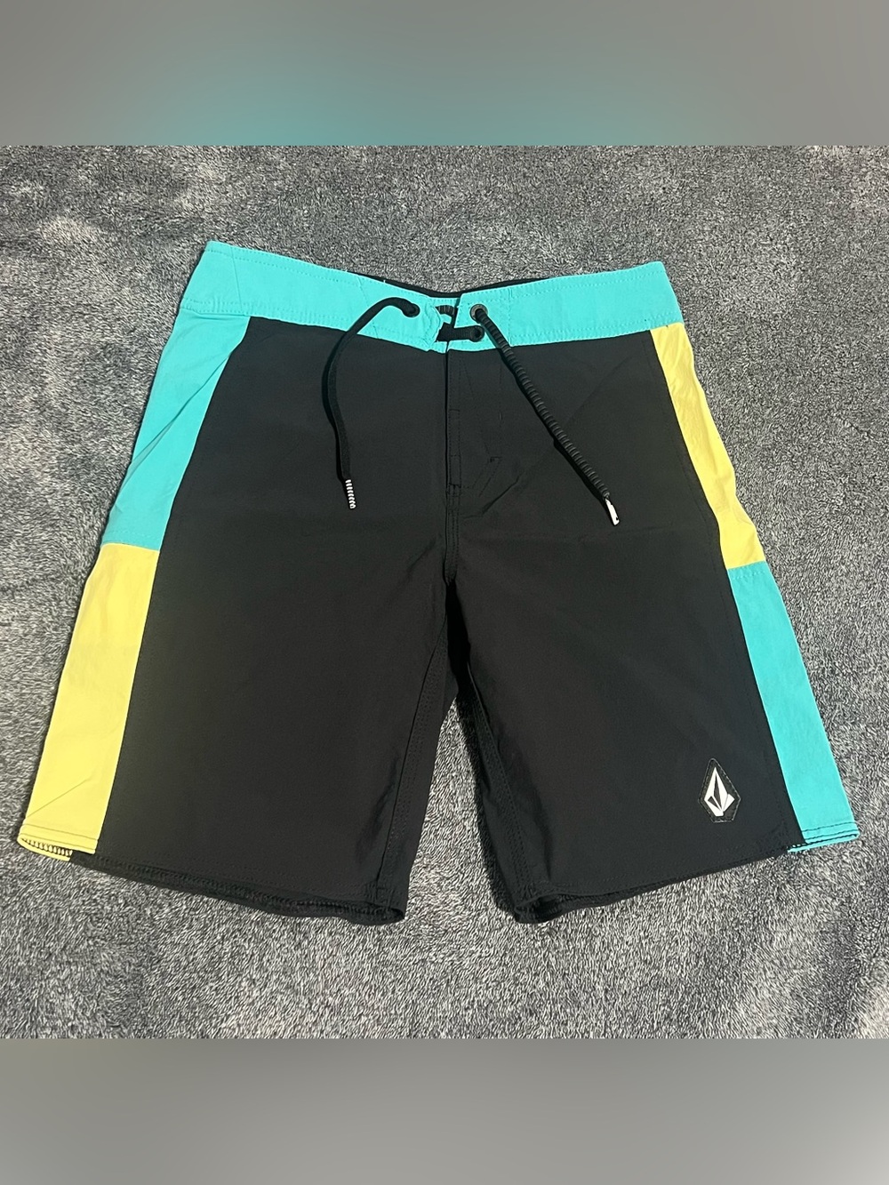 Volcom Kids Black Swim Trunks with Teal & Yellow Panels